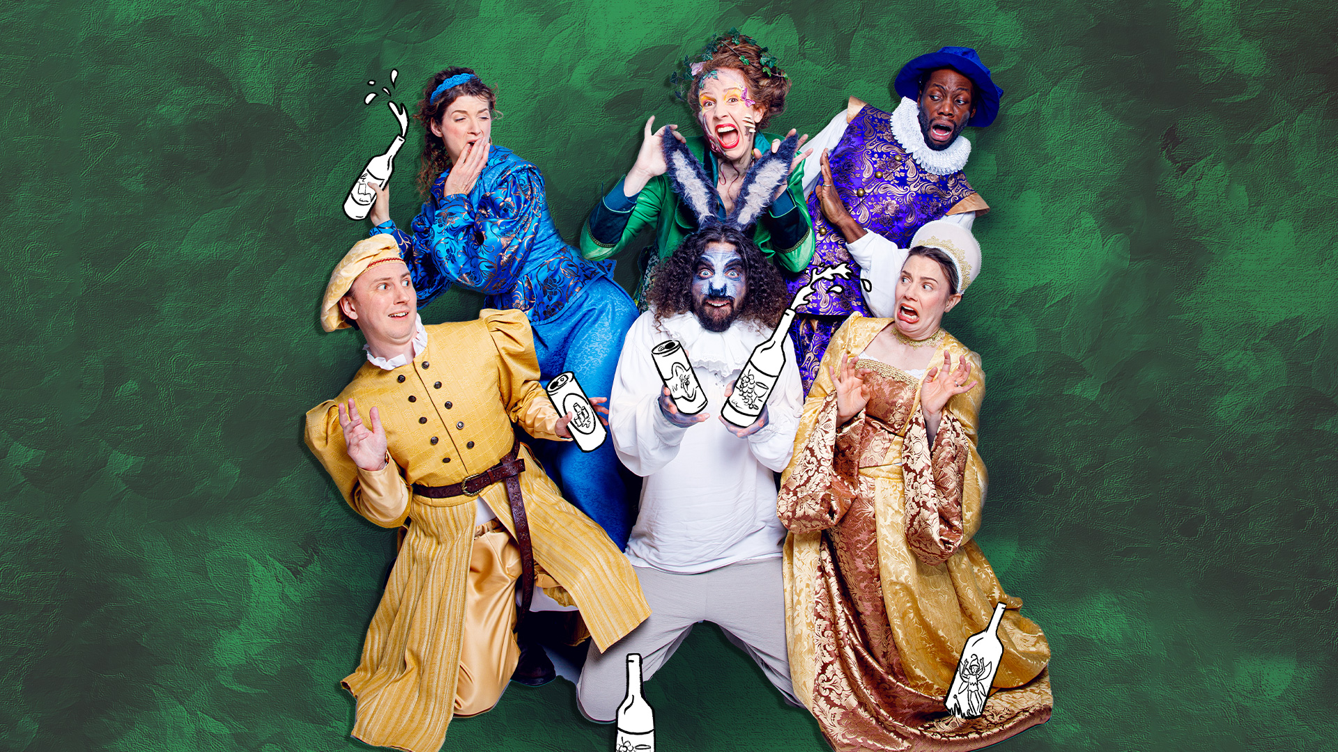 A group of five people in colorful, theatrical costumes pose dramatically against a textured green background. Some hold illustrated bottles. Their expressions are exaggerated and playful.