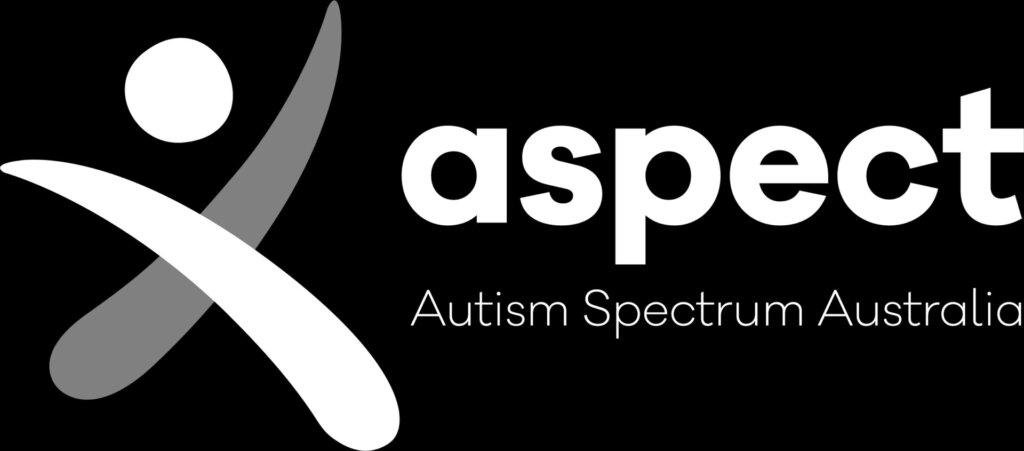 Logo of Aspect, Autism Spectrum Australia, featuring a stylized white figure reaching upwards, accompanied by the text aspect and Autism Spectrum Australia on a black background. Imagine it shining bright at events like the Silent Disco at Brisbane Powerhouse or the OHM Festival 2025.