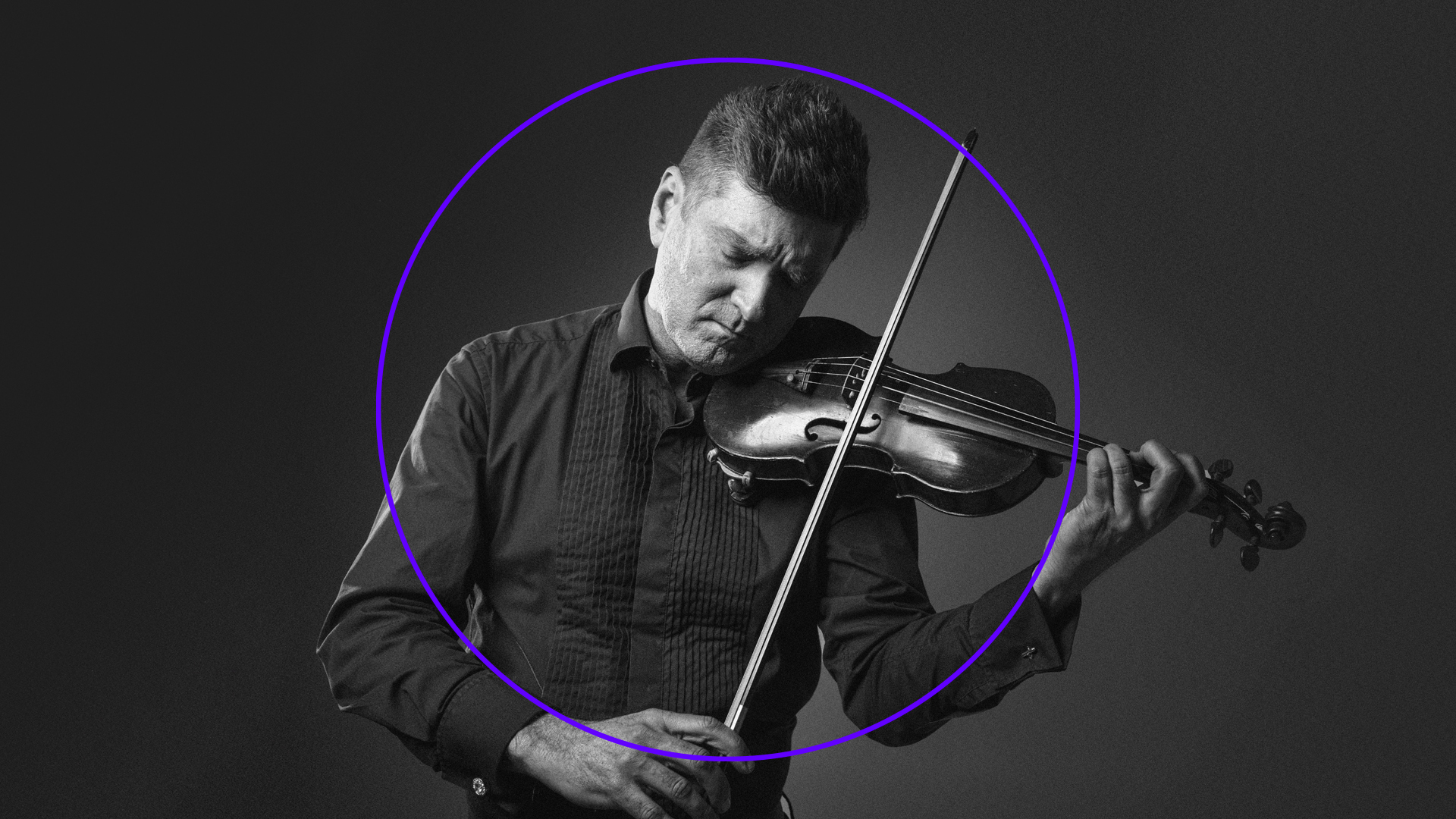 A man in a dark shirt plays the violin passionately against a gray background, highlighted by a purple circle. This evocative scene captures the essence of OHM FESTIVAL 2025 at Brisbane Powerhouse.