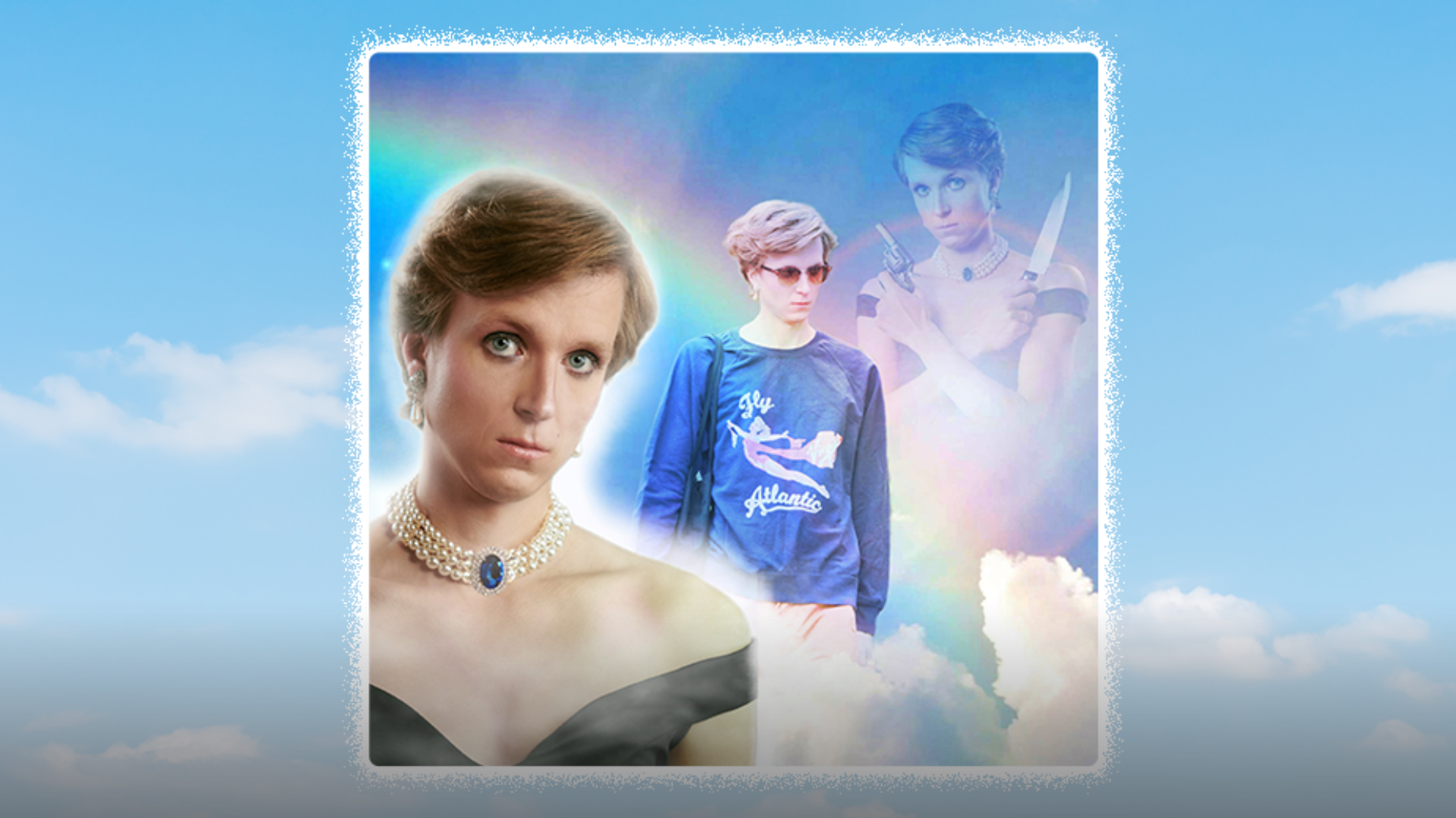 A vibrant collage depicts a person with short hair in varied styles: an elegant black dress with pearls, a casual blue sweatshirt with sunglasses, and a reflective denim look. The whimsical background of clouds and a rainbow evokes the charm of "Diana: The Untold and Untrue Story" at Brisbane Powerhouse 2025.