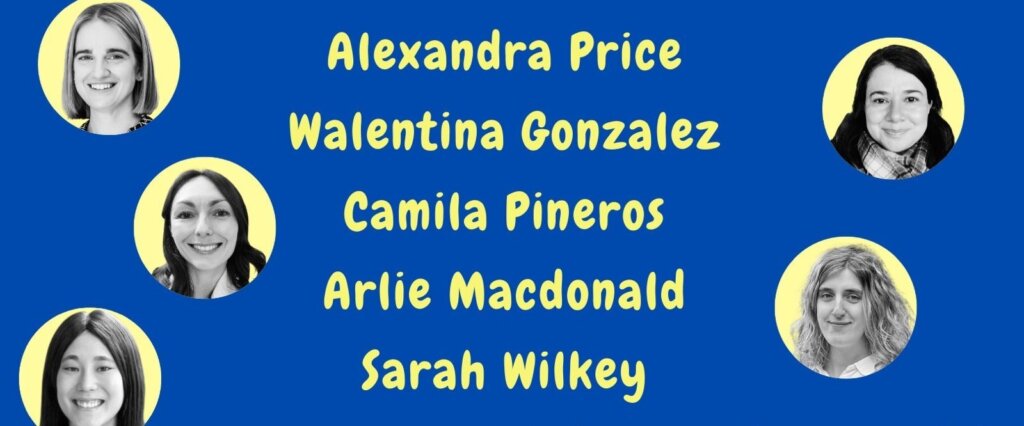 On a blue background with yellow circles, five women’s black-and-white photos are displayed. Their names—Alexandra Price, Valentina Gonzalez, Camila Pineros, Arlie Macdonald, and Sarah Wilkey—are in large yellow text. Get ready for the Future Science Talks: Comedy Edition at Brisbane Comedy Festival 2025!.
