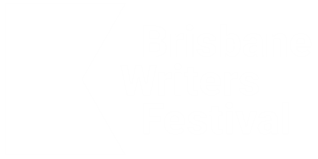 White logo with a bold geometric shape on the left and the text Brisbane Writers Festival in large, white, sans-serif letters on a black background.