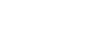 White logo with a bold geometric shape on the left and the text Brisbane Writers Festival in large, white, sans-serif letters on a black background.