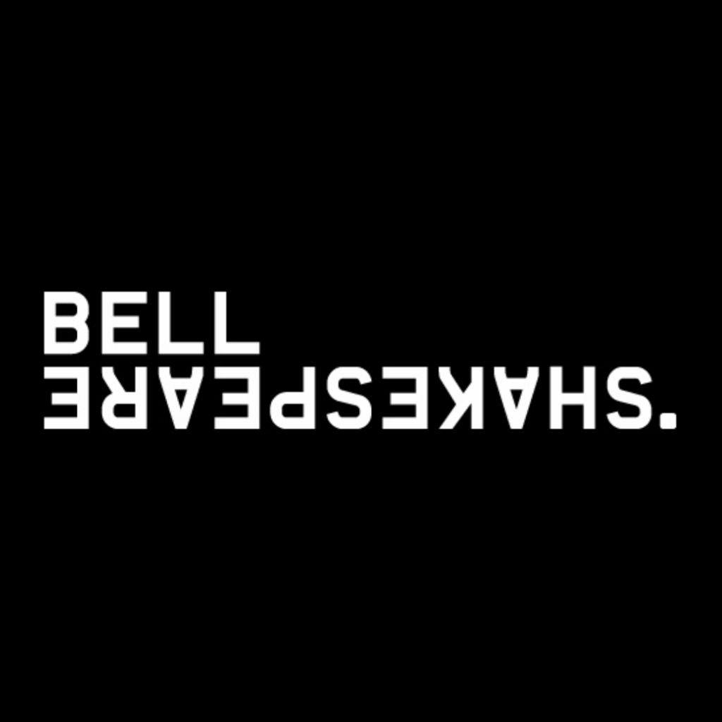 White text on a black background reads BELL SHAKESPEARE, with SHAKESPEARE written upside down and reversed, while BELL is upright and normally oriented, evoking the bold creativity of Bell Shakespeares Romeo & Juliet - Brisbane Powerhouse 2025.