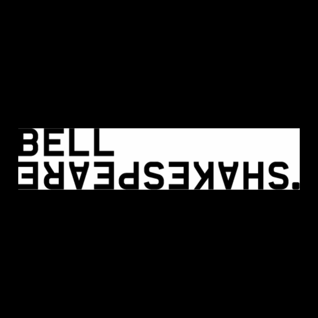 The words BELL SHAKESPEARE appear in bold black letters on a white background, with SHAKESPEARE flipped upside down and mirrored beneath BELL, evoking the innovative style of Bell Shakespeares Romeo & Juliet - Brisbane Powerhouse 2025.