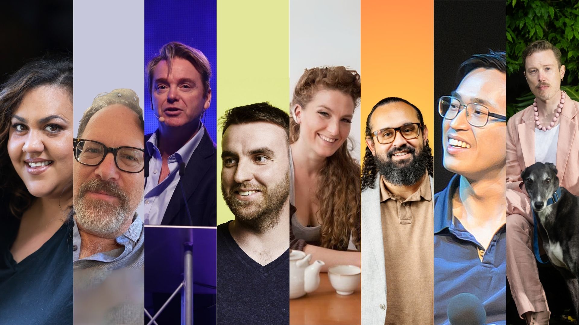 Steph Tisdell, Garth Nix, David McWilliams, Benjamin Stevenson, Alice Fraser, Leon Filewood, Siang Lu and Patrick Lenton with host Kris Kneen