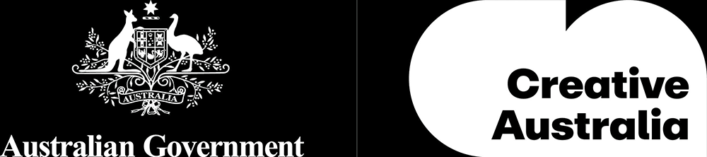 Australian Government logo with a kangaroo and emu on a crest beside the Creative Australia logo in bold black text, featured on promotional material for Play Date Melt Festival at Brisbane Powerhouse, all set against a sleek black background.