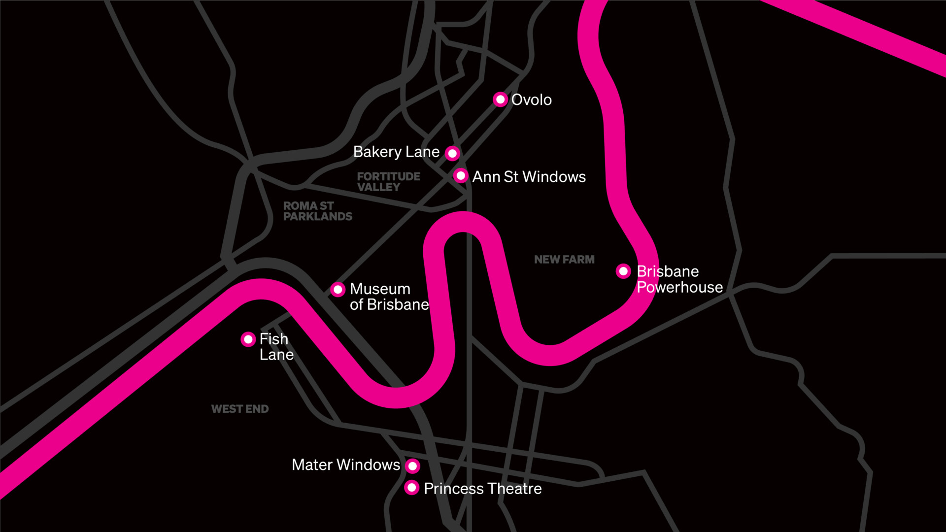 A stylized map of Brisbane shows a pink river winding through the city, with labeled points including Ovolo, Bakery Lane, Ann St Windows, Shimmer by Gerwyn Davies at Brisbane Powerhouse, Museum of Brisbane, Fish Lane, Mater Windows, and Princess Theatre.
