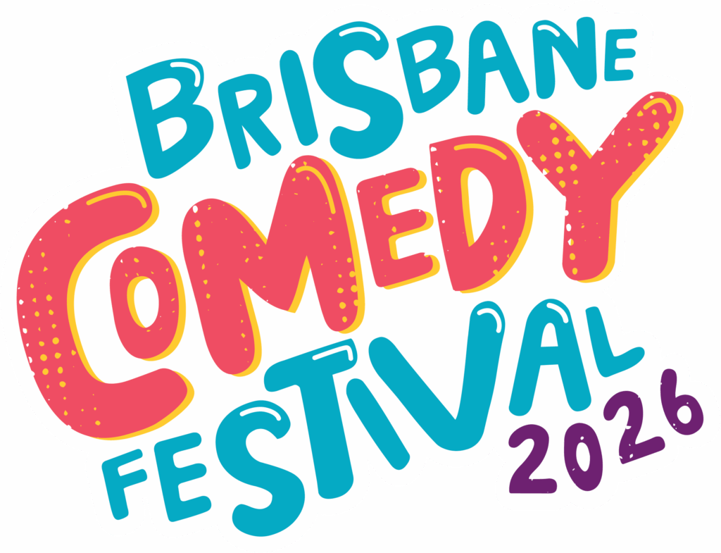 Colorful text reads Chris Parker Brisbane Comedy Festival 2026 with playful, bold lettering in blue, red, yellow, and purple on a white background.