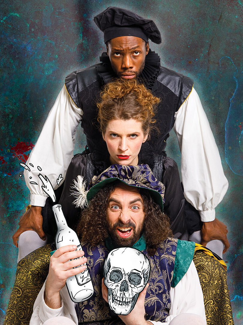 Three actors in Renaissance costumes pose dramatically; the front holds a cartoonish skull and bottle, the middle looks intense, and the back stands serious. The background is a textured, abstract mix of blue and green.