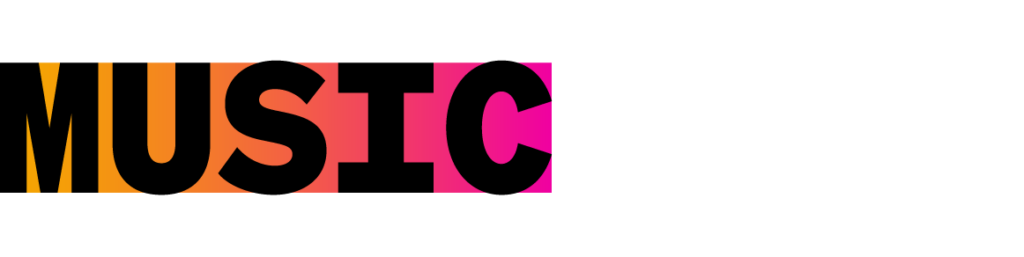 The word MUSIC is written in bold black letters with each letter on a different colored background: yellow, orange, red, pink, and magenta, on a light gray background.