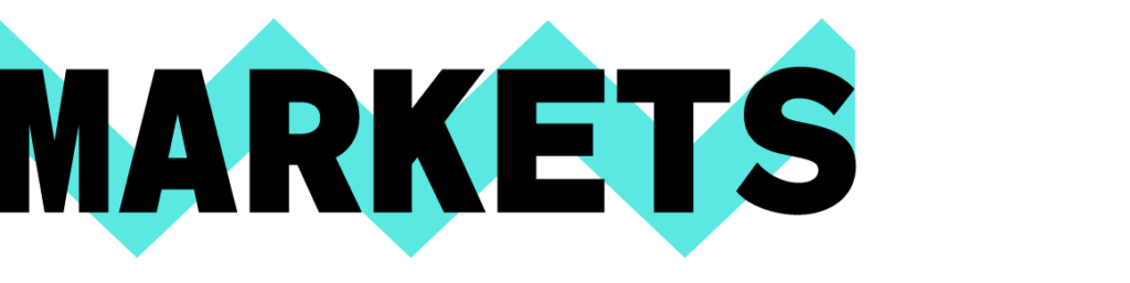 The word MARKETS in bold black capital letters is displayed over a pattern of overlapping turquoise diamonds on a light gray background.