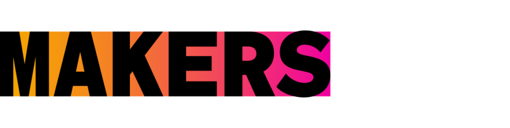 The word MAKERS in bold black letters, with an orange to pink gradient background filling each letter, on a light grey background.