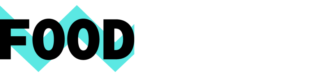 The word FOOD in bold black capital letters overlaps with two blue geometric diamond shapes on a light gray background, with empty space on the right side.