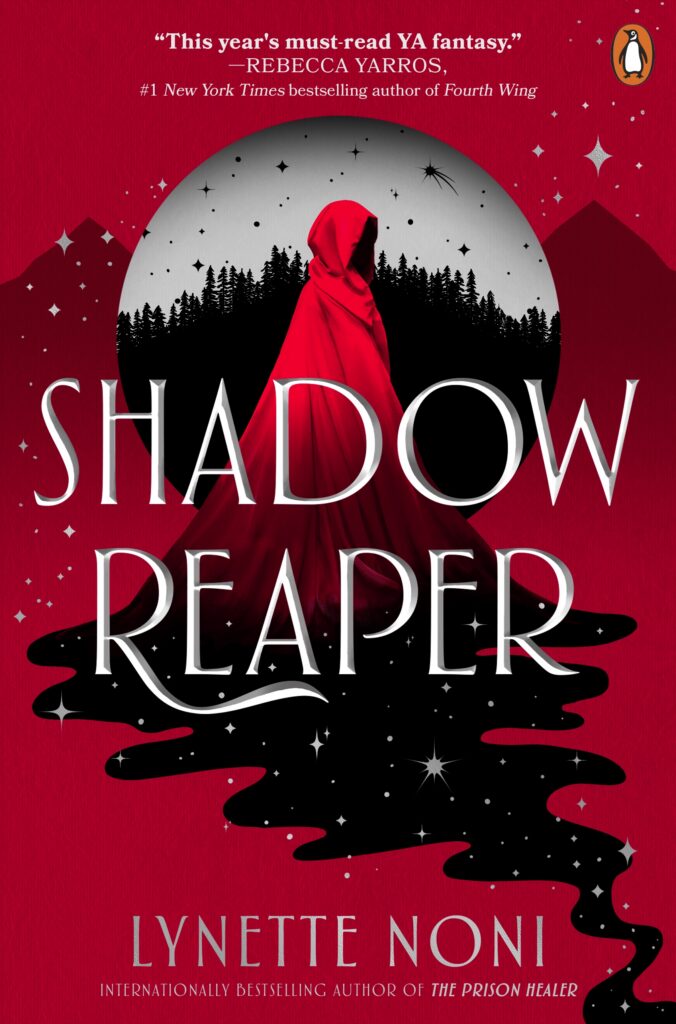 Book cover for Shadow Reaper by Lynette Noni—seen at the Lynette Noni - Brisbane Powerhouse—features a figure in a red cloak before a black forest and moon, with red water reflecting the scene, silver stars, and bold white title text.