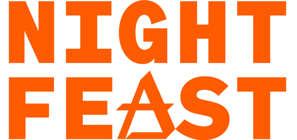 Bold orange text on a white background reads NIGHT FEAST. The “A” in “FEAST” is stylized with a star shape forming its crossbar, celebrating the energy of Total Vibration Night Feast 2026.
