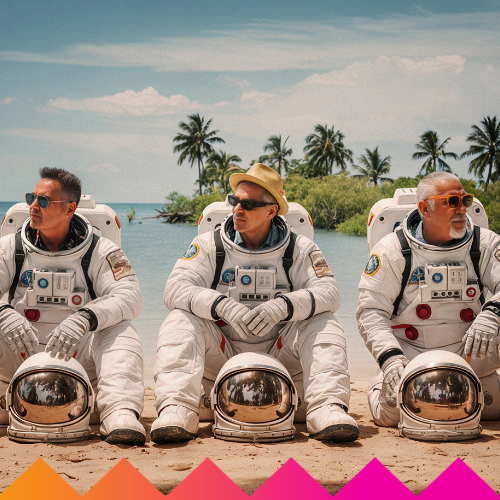Three men in spacesuits sit on a tropical beach with palm trees and blue water behind them. Their helmets rest on the sand amid bright geometric shapes, as if they're ready to join an LED HULA HOOP event at Ubuntu Social Brisbane Powerhouse.