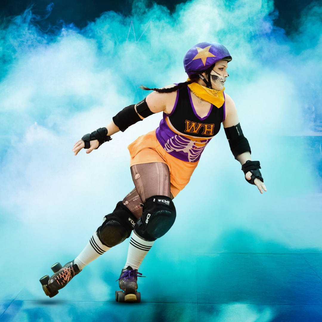 A roller derby skater in safety gear, a purple helmet with a star, and an orange and purple uniform skates on a rink surrounded by blue smoke, appearing focused and in motion at Mama Does Derby - Brisbane Powerhouse.