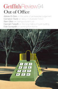 A playground slide shaped like a giant green office phone sits on grass, with trees and a black cat in the background. The cover reads Griffith Review 94: Out of Office with a list of article titles and authors above.