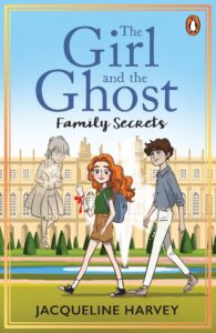 Illustrated book cover showing a red-haired girl holding a notebook, walking beside a brown-haired boy. A translucent ghostly girl follows them. A large mansion and fountain are in the background. Title: The Girl and the Ghost: Family Secrets.