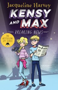 Book cover illustration for Kensy and Max: Breaking News by Jacqueline Harvey, showing two kids—one holding binoculars, the other a newspaper—against a cityscape background with The Bestselling Spy Series badge.