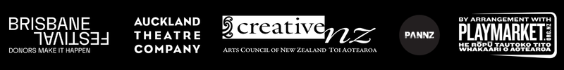 Logos for Brisbane Festival, Auckland Theatre Company, Creative NZ, Playmarket, and PANNZ are displayed in a row on a black background, highlighting the collaboration behind Tiri – Te Araroa Woman Far Walking at Brisbane Powerhouse.