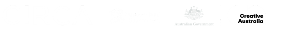 Logos for CIRCA, Queensland Government, Australian Government, and Creative Australia, all in grayscale on a white background.
