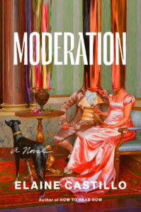 Two people in historical clothing sit on a sofa with a black dog; their faces are blurred with vertical streaks. The text reads: MODERATION, A Novel, Elaine Castillo. Author of HOW TO READ NOW.