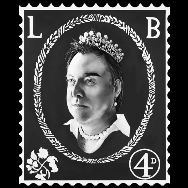 Black and white postage stamp featuring a portrait of a person wearing a crown, pearl necklace, and hoop earring, framed by a wreath with the letters L and B in the top corners and a 4D denomination in the bottom corner.